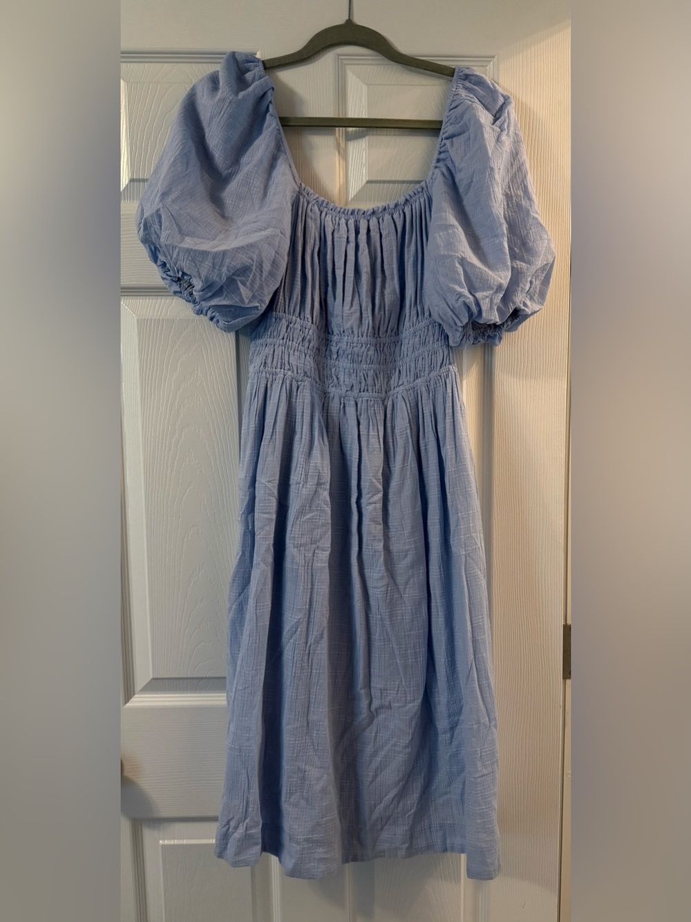 Sky Blue Puff Sleeve Smocked Midi Dress